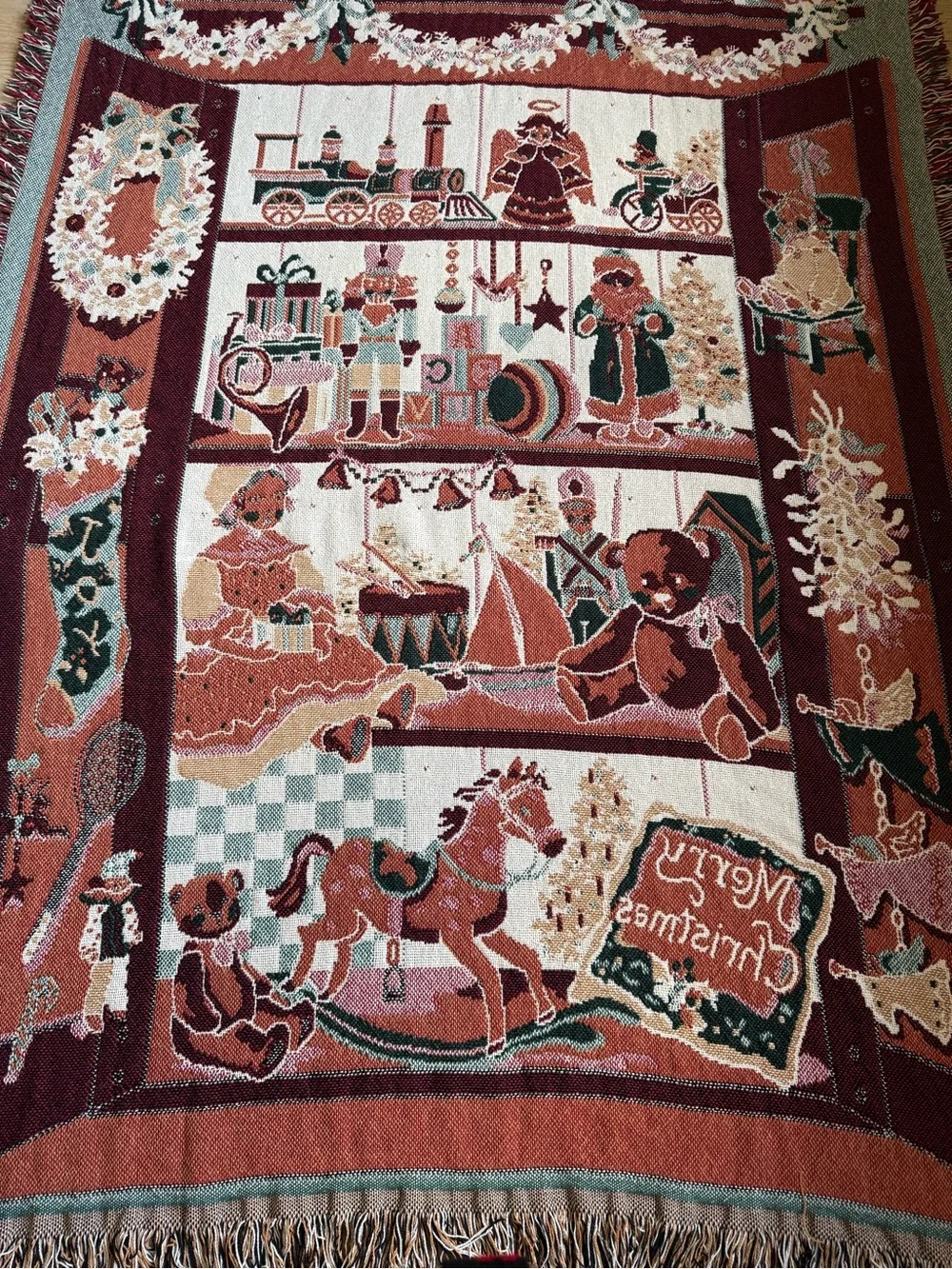 Vintage Fieldcrest Antique Holiday Throw Blanket - Burgundy, Green, Cream